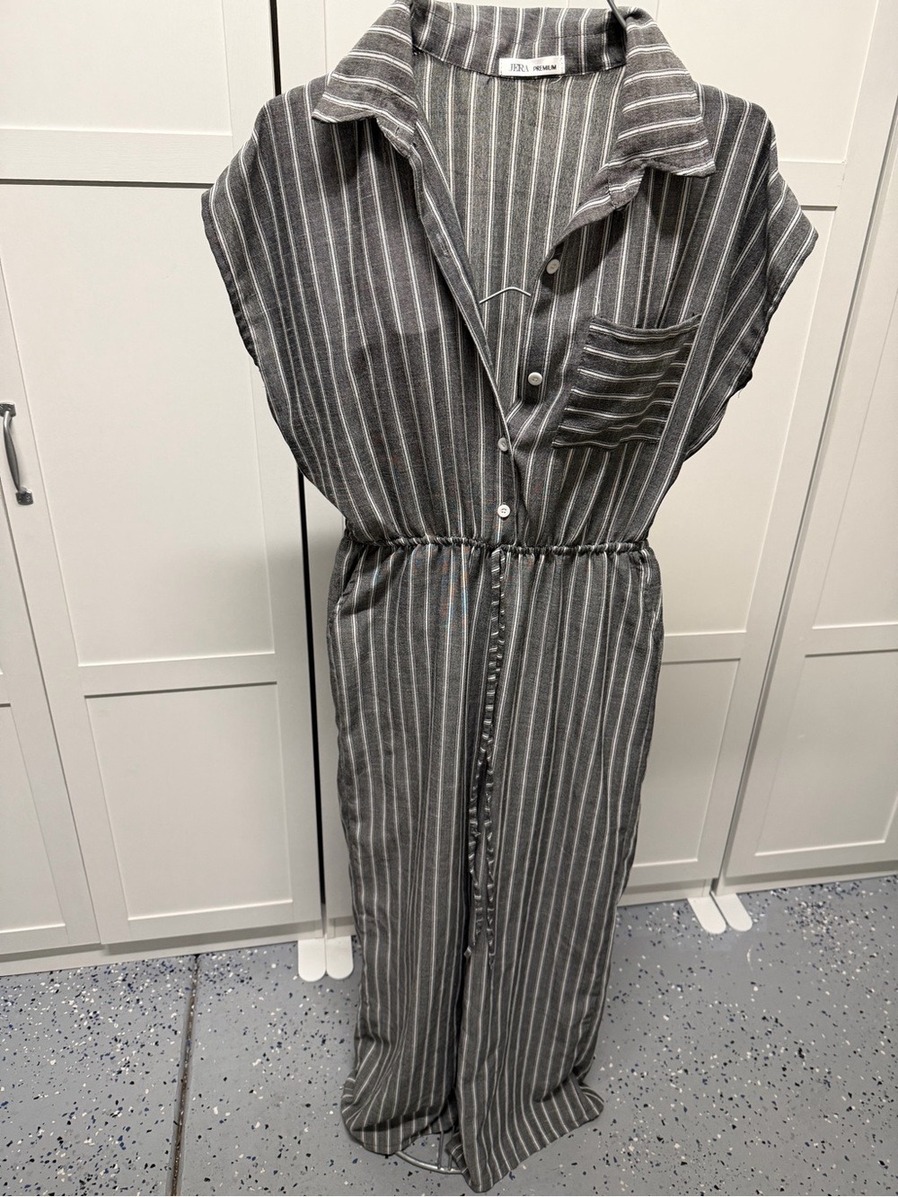 Striped Gray Button-Front Jumpsuit with Drawstring Waist